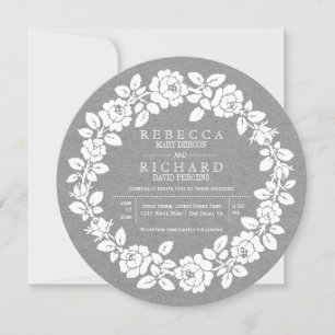 White rose wreath grey kraft paper wedding invitation