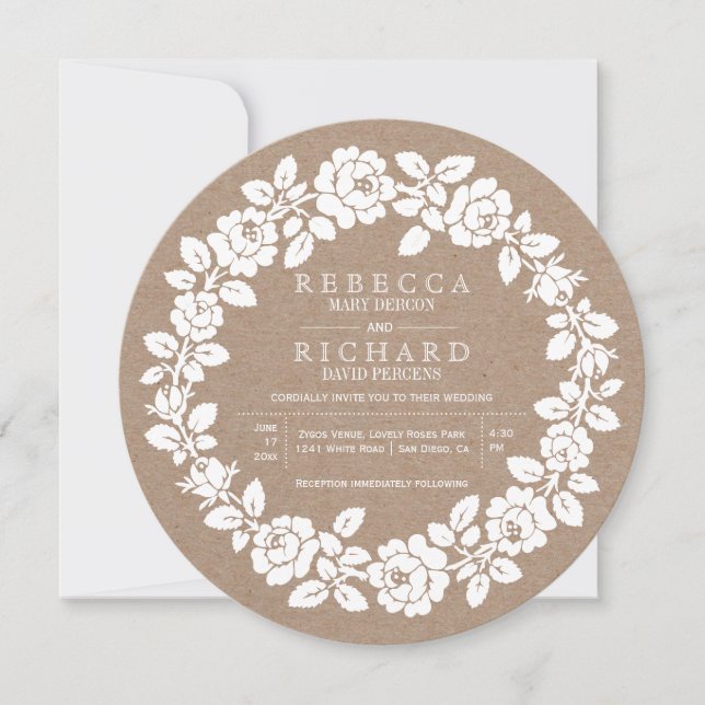 White rose wreath kraft paper wedding invitation (Front)
