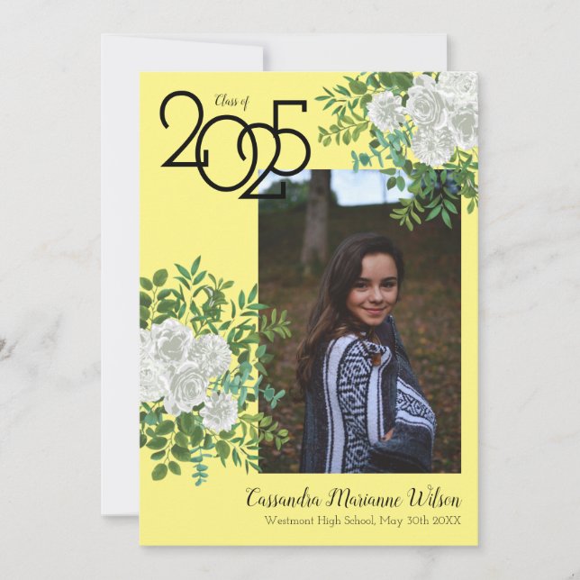 White Rose Yellow Photo Graduation Announcement (Front)