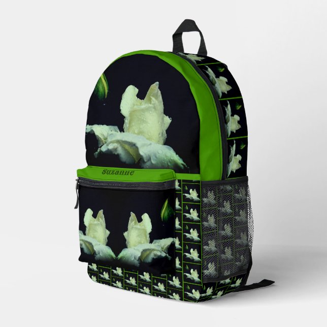 White Rosebud Flower Personalised Printed Backpack (Back Corner Right)