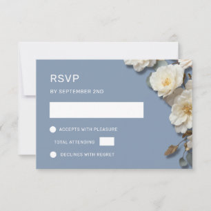 White Roses 3D Flowers Dusty Blue RSVP Card