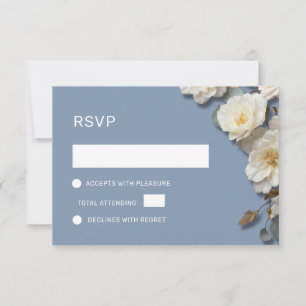 White Roses 3D Flowers Dusty Blue RSVP Card