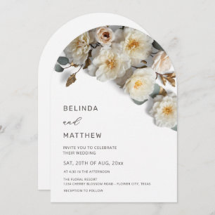 White Roses 3D Flowers Modern Arch Wedding Invitation