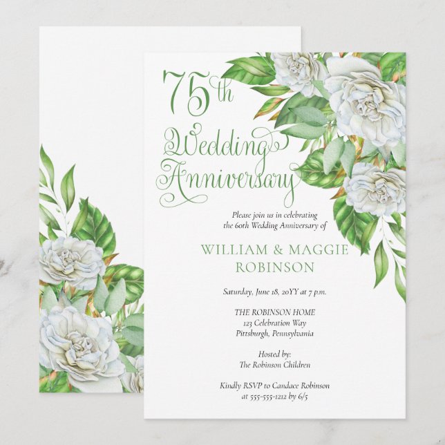 White Roses 75th Wedding Anniversary Party Invitation (Front/Back)