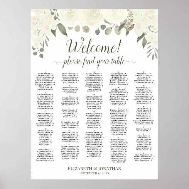 White Roses Alphabetical Welcome Seating Chart (Front)