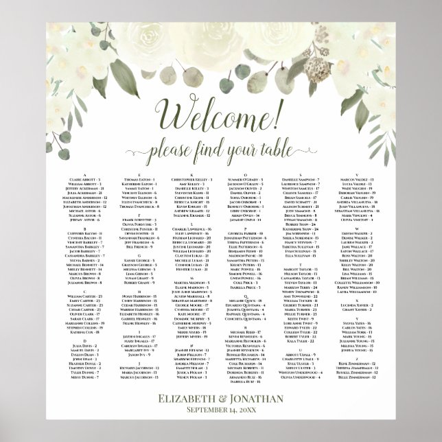 White Roses Alphabetical Welcome Seating Chart (Front)