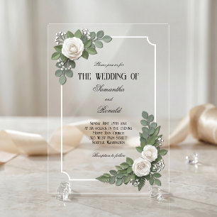 White Roses and Baby's Breath Acrylic Wedding Invitations