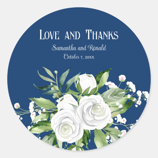 White Roses and Baby's Breath on Navy Blue Wedding Classic Round Sticker (Front)