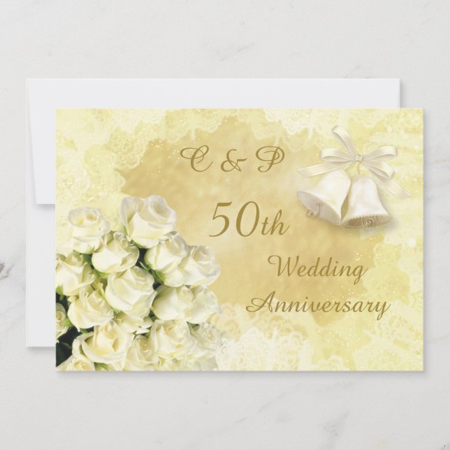 White roses and bells 50th Wedding Anniversary Invitation (Front)