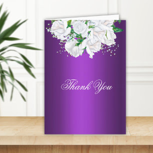 White Roses and Elegant Purple Wedding  Thank You Card