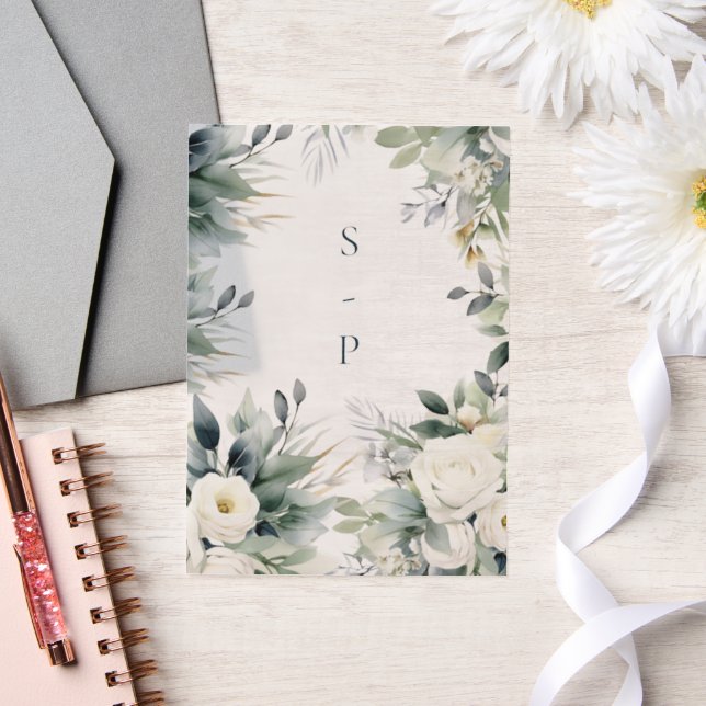 White roses and eucalyptus border vellum invitations (Wedding)