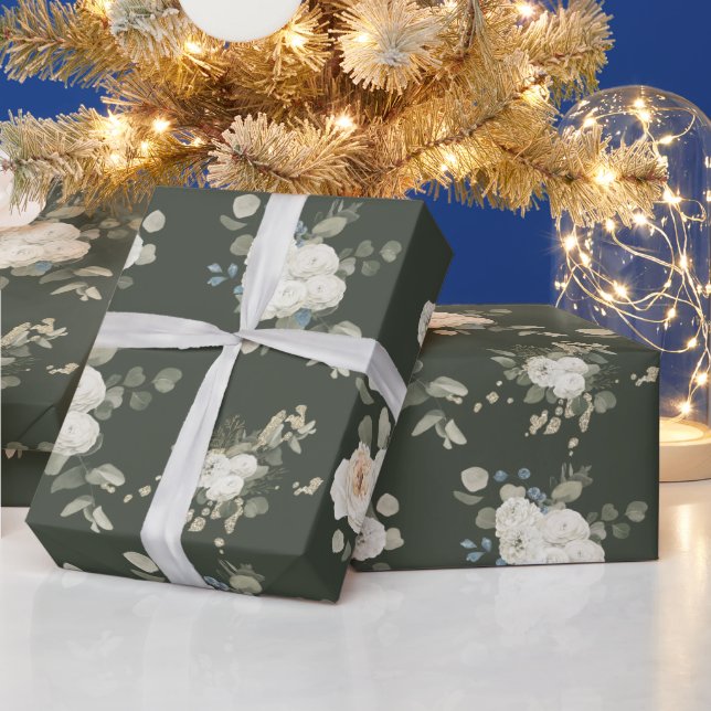 White Roses and Eucalyptus Winter Festival Wrapping Paper (Holidays)