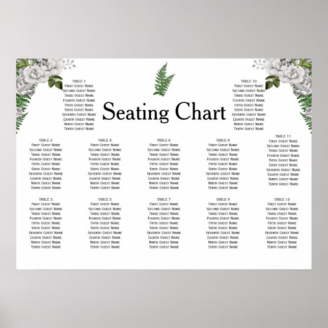 White Roses and Ferns Wedding Reception Seating Poster (Front)