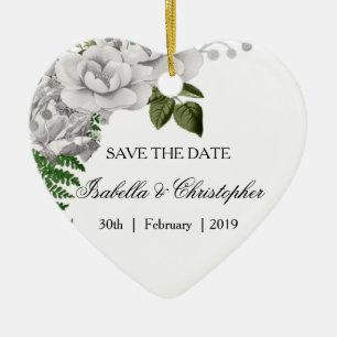 White Roses and Ferns Wedding Save the Date Ceramic Tree Decoration