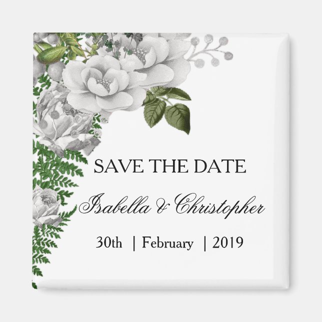White Roses and Ferns Wedding Save the Date Magnet (Front)