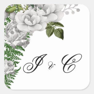 White Roses and Ferns Wedding Square Sticker