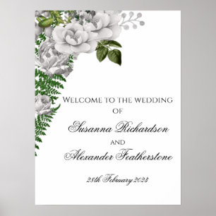 White Roses and Ferns Wedding Welcome Poster