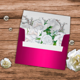White Roses and Fuchsia Pink Wedding  Envelope