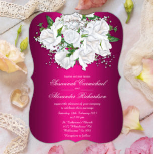 White Roses and Fuchsia Pink Wedding Invitation