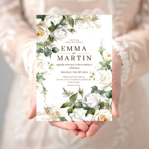 White Roses and Gold Dust Elegant Flower Wedding Invitation