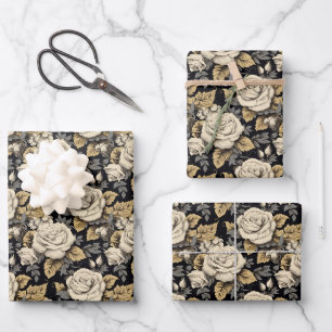 White Roses And Gold Leaves Floral Pattern Wrapping Paper Sheet