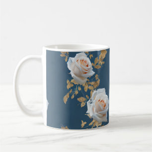 White roses and gold leaves on a blue background coffee mug