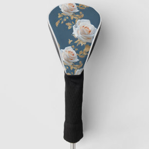 White roses and gold leaves on a blue background golf head cover