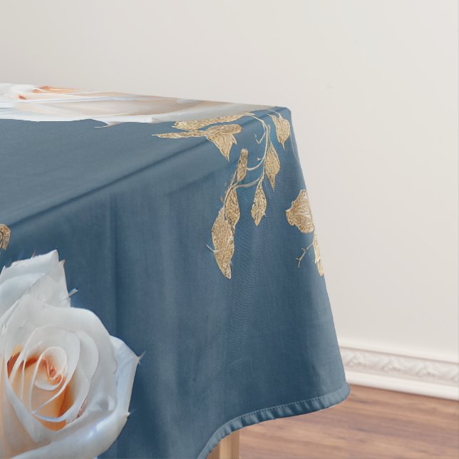 White roses and gold leaves on a blue background tablecloth (In Situ)