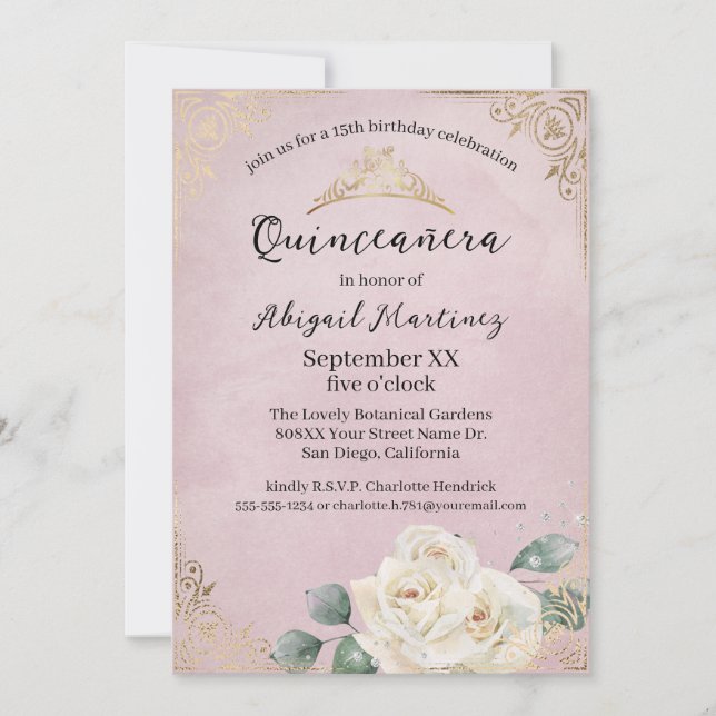 White Roses and Gold Vintage Pink Quinceanera Invitation (Front)