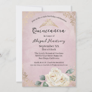 White Roses and Gold Vintage Pink Quinceanera Invitation
