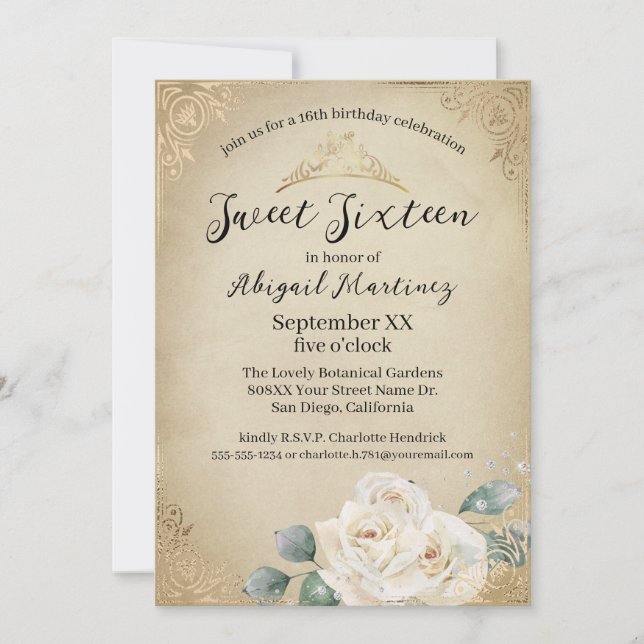 White Roses and Gold Vintage Sweet Sixteen Invitation (Front)