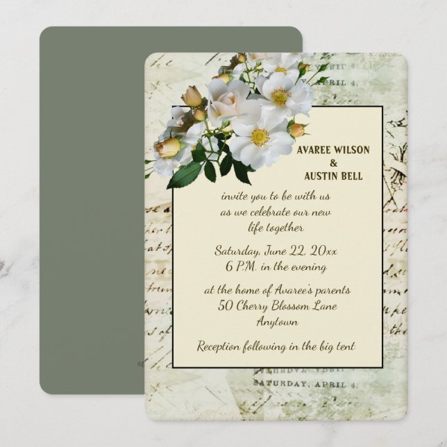 White Roses and Green Vintage Frame Invitation (Front/Back)