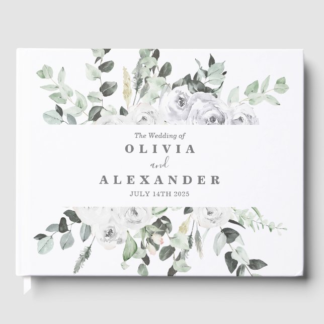 White Roses and Greenery elegant floral wedding Guest Book (Front)