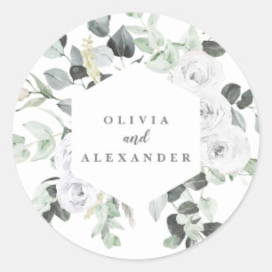 White Roses and Greenery floral wedding Classic Round Sticker