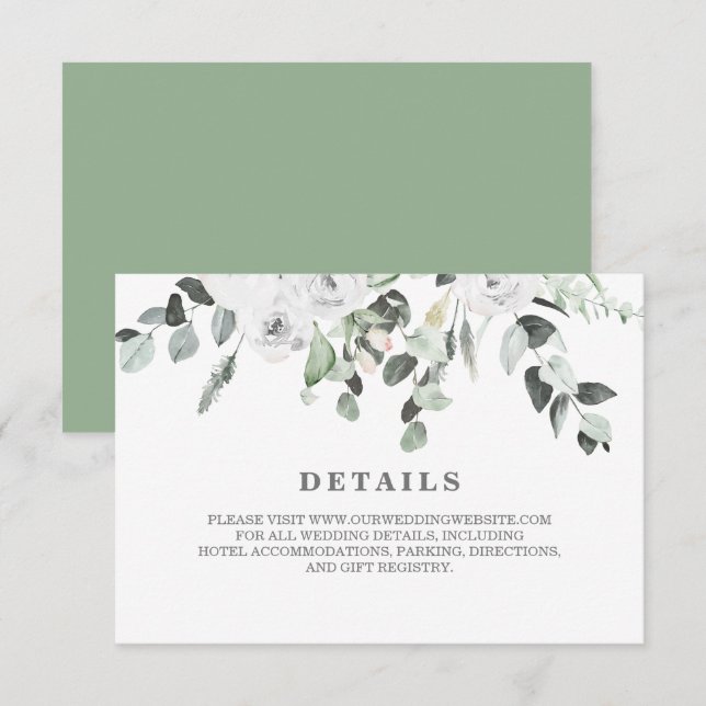 White Roses and Greenery floral wedding Details RSVP Card (Front/Back)