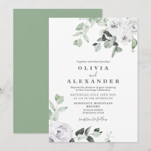 White Roses and Greenery floral wedding Invitation