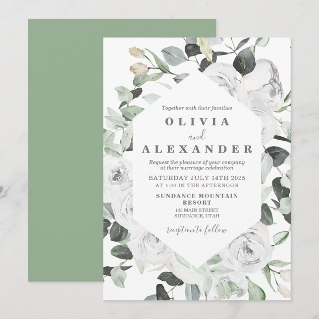 White Roses and Greenery floral wedding Invitation (Front/Back)