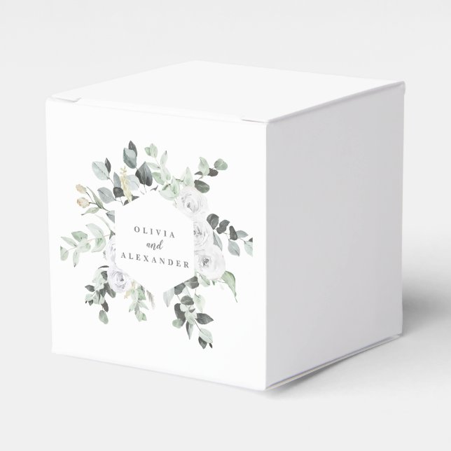 White Roses and Greenery floral wedding monogram Favour Box (Front Side)