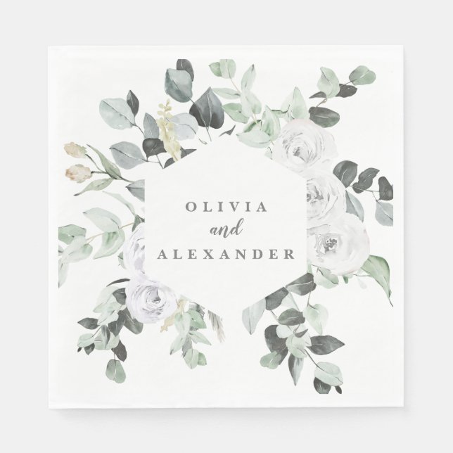 White Roses and Greenery floral wedding Napkin (Front)