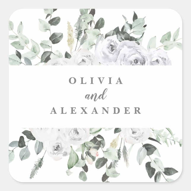 White Roses and Greenery floral wedding Square Sticker (Front)