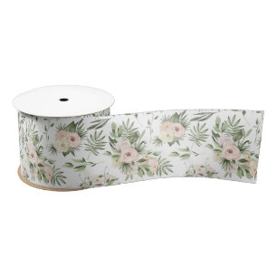 White Roses and Greenery Satin Satin Ribbon