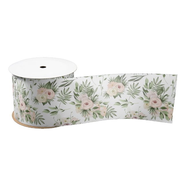 White Roses and Greenery Satin Satin Ribbon (Spool)