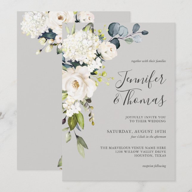White Roses and Hydrangea Elegant Floral Wedding Invitation (Front/Back)