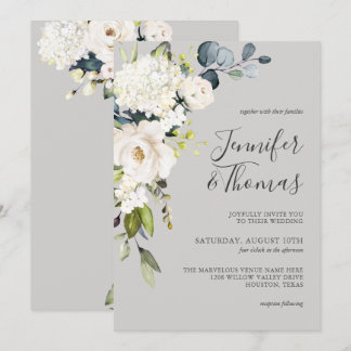 White Roses and Hydrangea Elegant Floral Wedding Invitation
