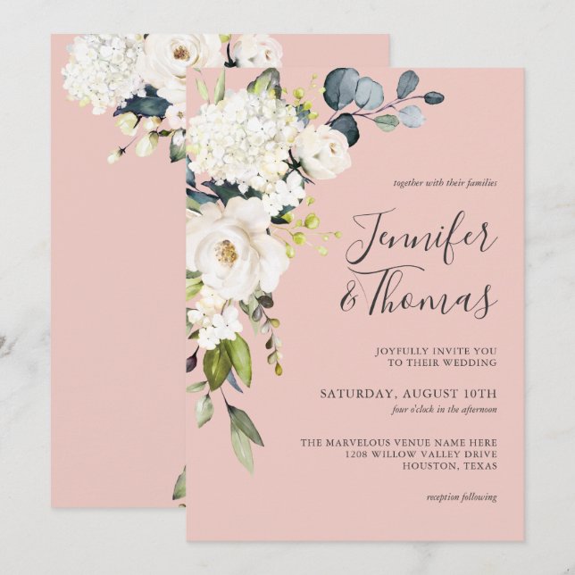 White Roses and Hydrangea on Pink Floral Wedding Invitation (Front/Back)