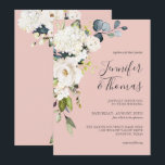 White Roses and Hydrangea on Pink Floral Wedding Invitation<br><div class="desc">With modern charm and elegance, this versatile wedding invitation design features cascading white florals in soft watercolor hues of white and off-white with trailing greenery. The flowers include beautiful roses and hydrangea with other mixed blossoms. The background colour of this invitation is a trendy feminine pearl blush pink. This design...</div>