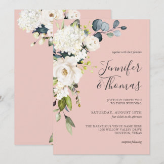 White Roses and Hydrangea on Pink Floral Wedding Invitation