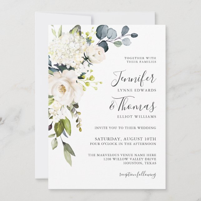 White Roses and Hydrangeas Elegant Floral Wedding Invitation (Front)