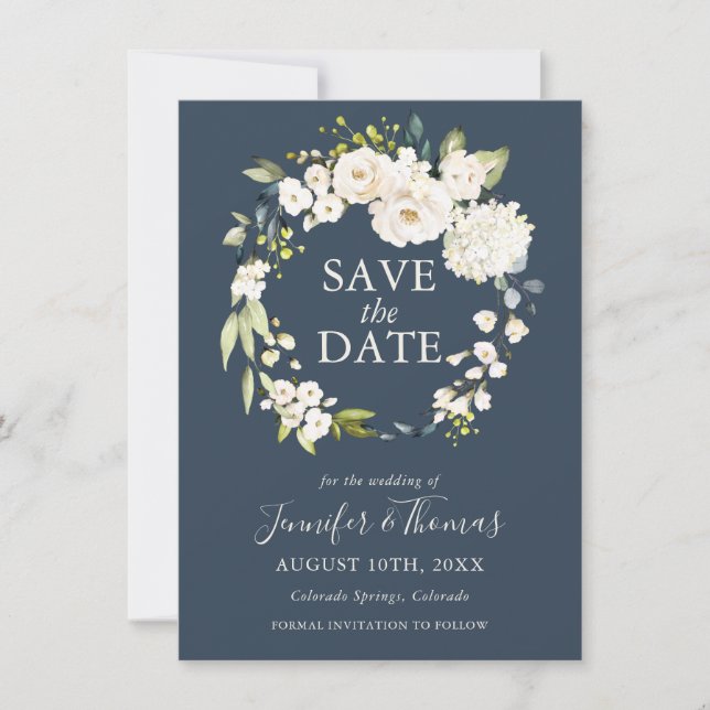 White Roses and Hydrangeas Floral Save the Date (Front)