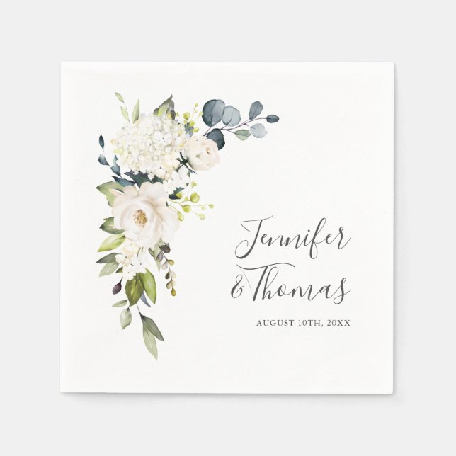 White Roses and Hydrangeas Floral Wedding Napkin (Front)